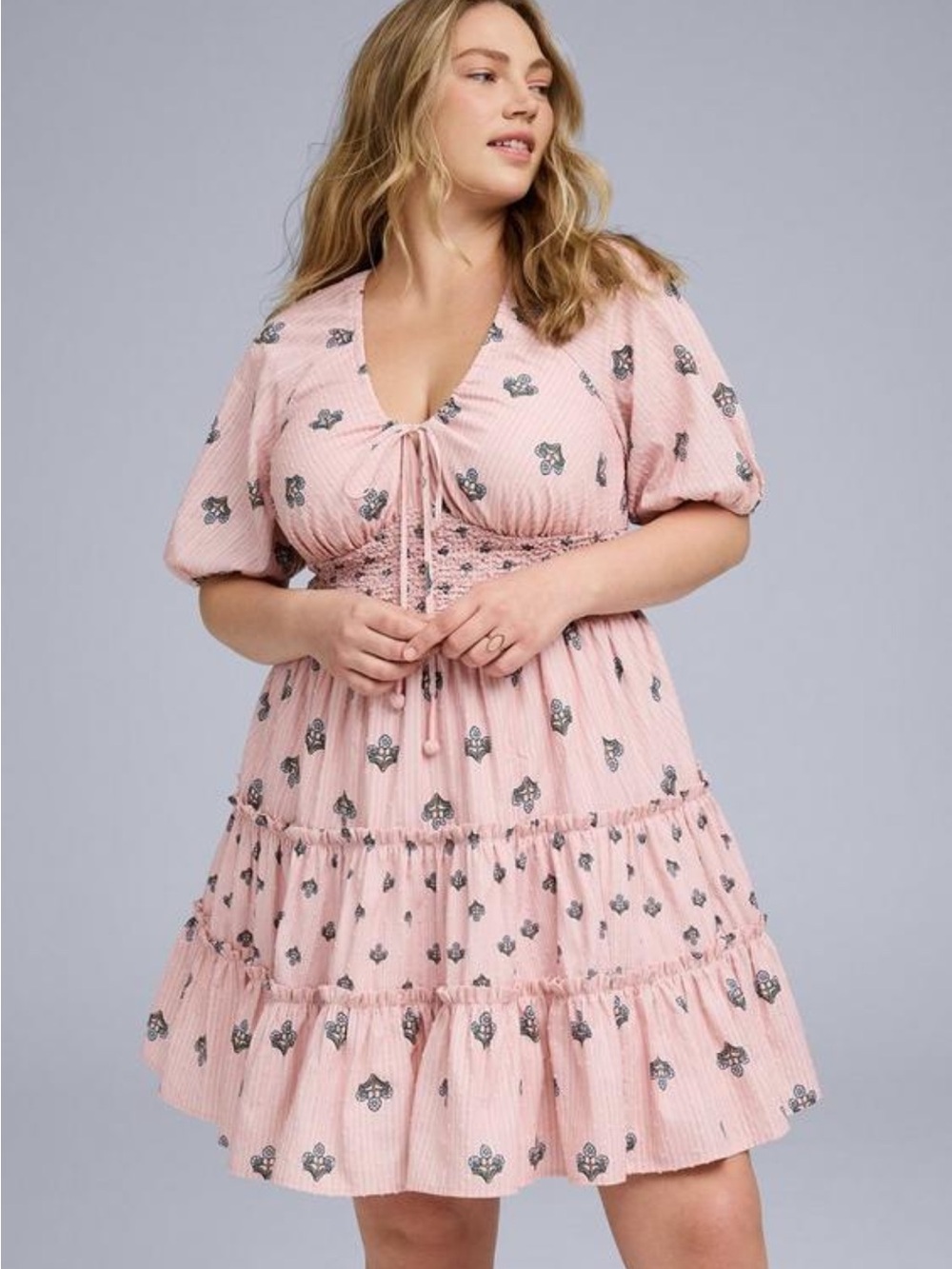 Pink Floral Tie-Front Puff Sleeve Mini Dress